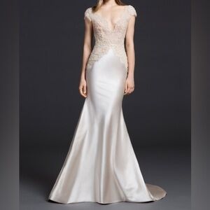Lazaro Beaded Satin 3653 Ivory Size 12 Elegant Cream Lace Wedding Dress Mermaid